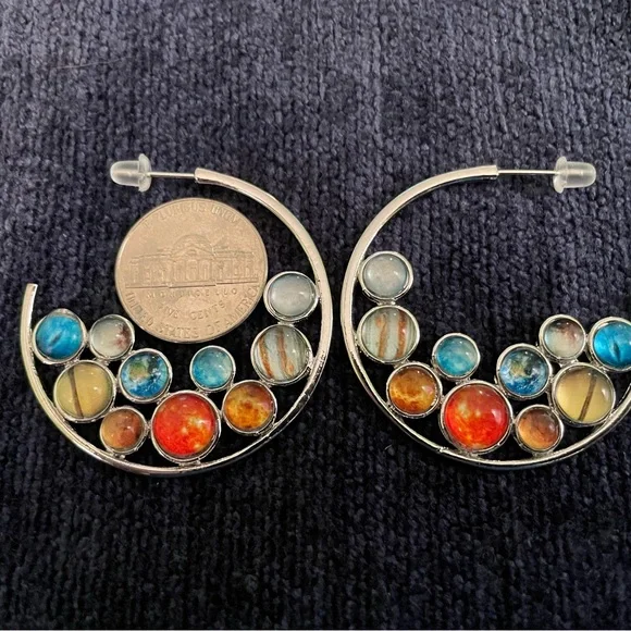 Silver tone and fun jewel colors in a pair of hoop earrings perfect for summer! - Picture 4 of 4